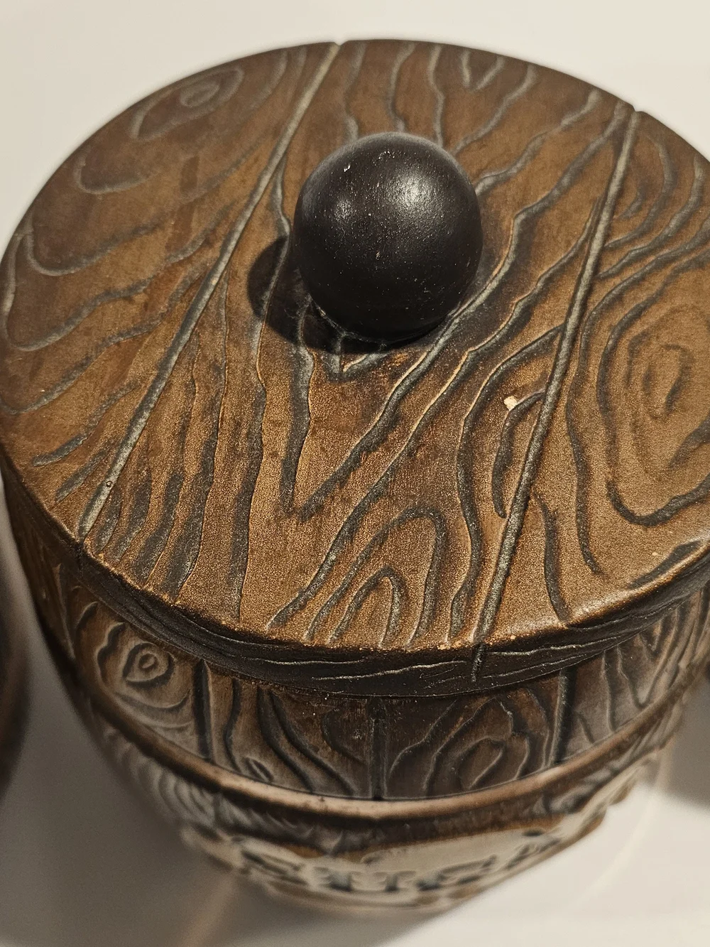 Vintage Treasure Craft Wood Grain Barrel Ceramic Canisters - Brown & Gold